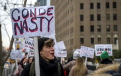 Unionized staff at Conde Nast are seen during a January 2024 walkout amid layoff announcements -- a deal was announced hours before the Met Gala