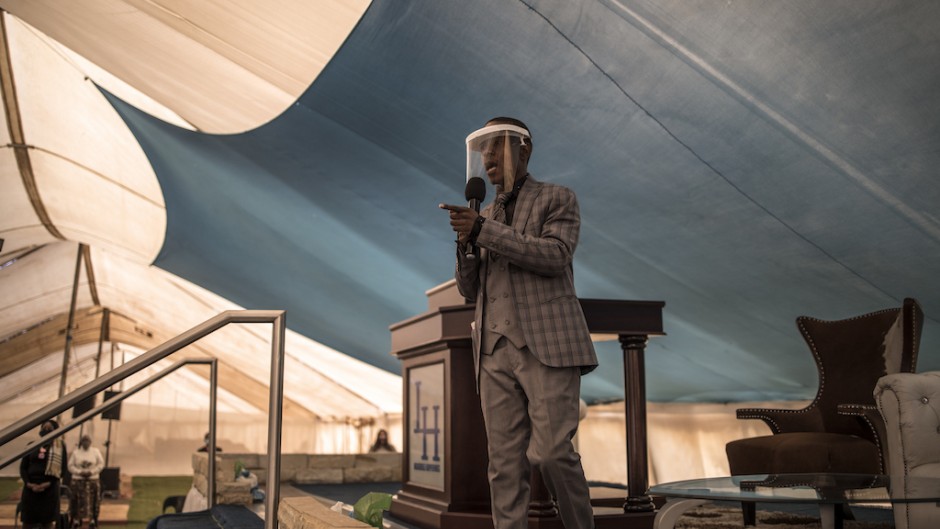 Prophet Paseka Motsoeneng, popularly known as Prophet Mboro, wears a face mask as he celebrates inside the Incredible Happenings Ministry Church, in Katlehong, Ekurhuleni on June 07, 2020. 