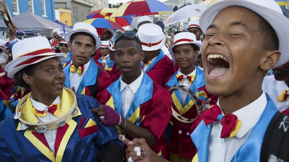 Members of a minstrel troupe perform during a march in the city centre during the annual "Tweede Nuwe Jaar" (Second New Year) Cape Town Minstrels Parade on January 4, 2019, in Cape Town. 