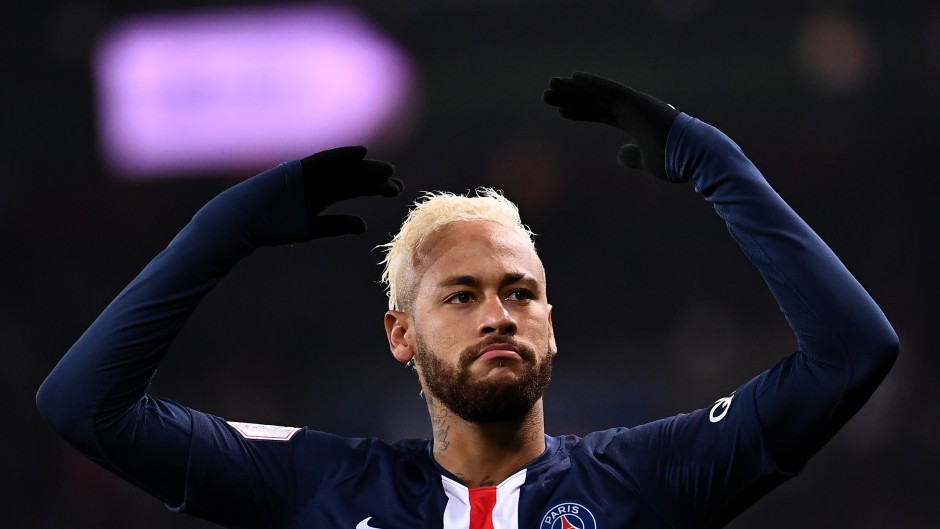 Paris Saint-Germain's Brazilian forward Neymar celebrates after scoring a goal during the French L1 football match between Paris Saint-Germain and AS Monaco at the Parc des Princes stadium in Paris on January 12, 2020.