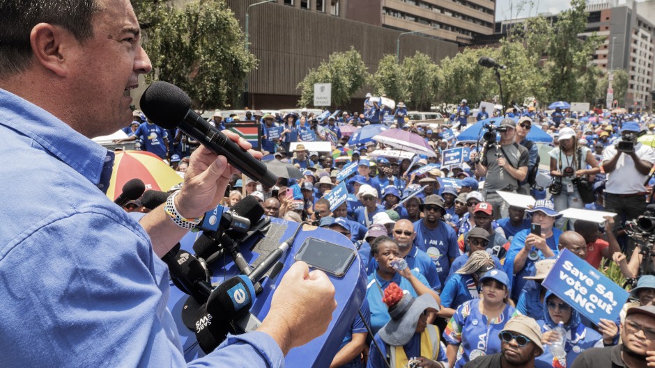 File: Democratic Alliance (DA) leader John Steenhuisen (L). AFP