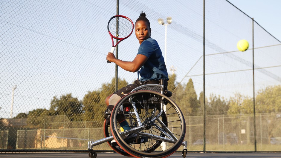 File:  Wheelchair tennis player Kgothatso Montjane. Phill Magakoe / AFP