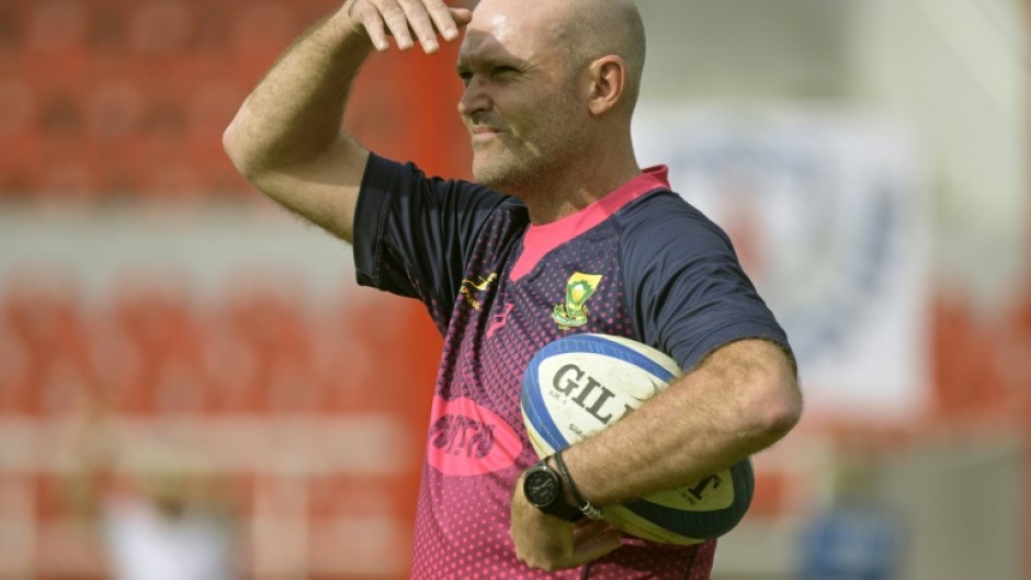 South Africa coach Jacques Nienaber watches his squad warm up for a Rugby Championship match against Argentina in Buenos Aires on September 17, 2022.