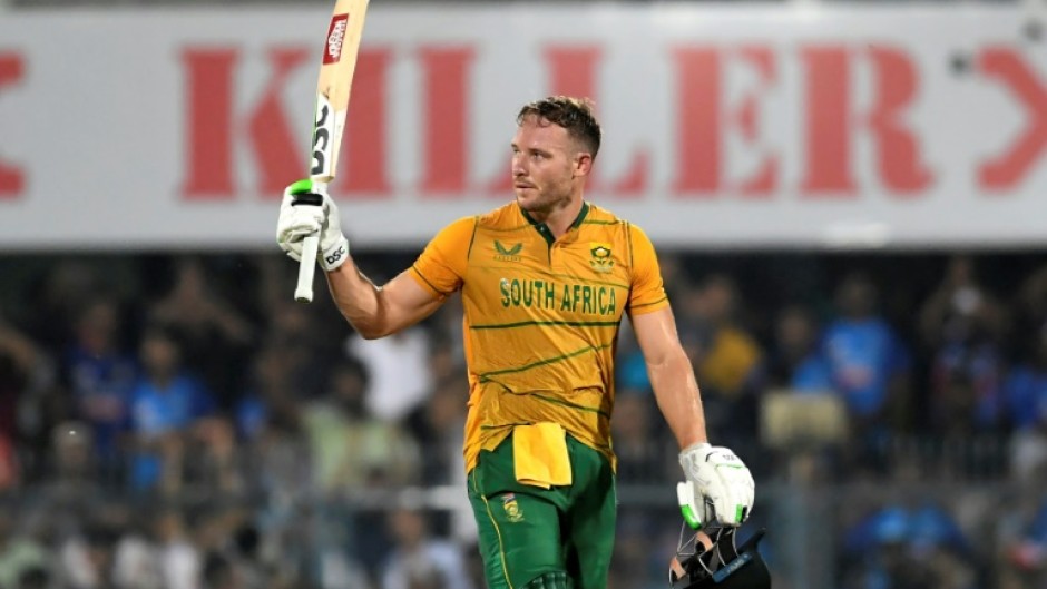 South Africa's David Miller celebrates scoring his century in Guwahati