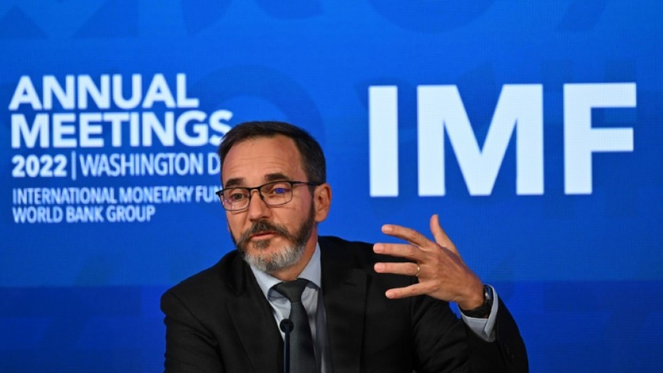 Chief economist of the International Monetary Fund, Pierre-Olivier Gourinchas, speaks at a press conference  following the publication of the Washington-based lender's October 2022 global outlook