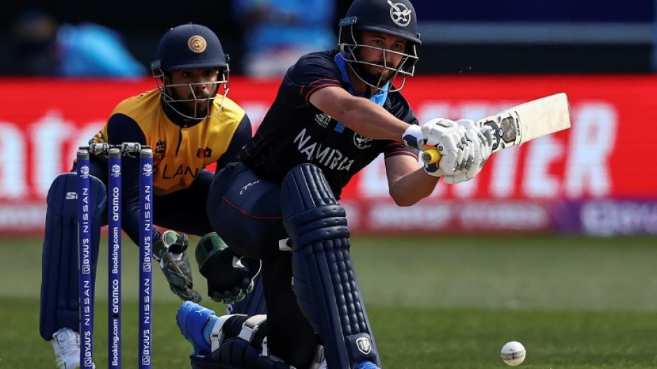 Namibia's Jan Frylinck on his way to top scoring with 44 to set up a shock win over Sri Lanka