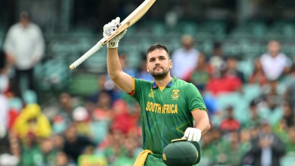 South Africa's Rilee Rossouw celebrates reaching his century