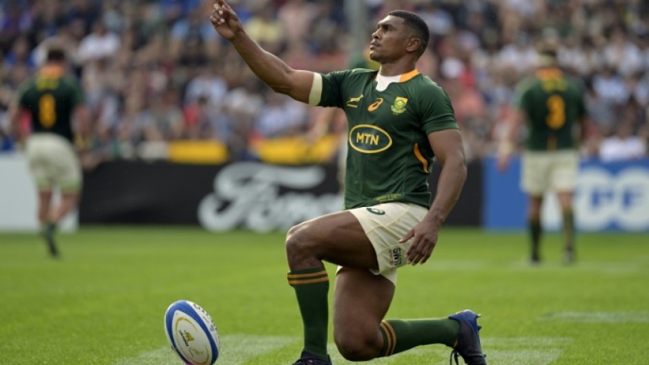 South Africa fly-half Damian Willemse prepares to take a kick at goal during a Rugby Championship victory over Argentina in Buenos Aires this season. 