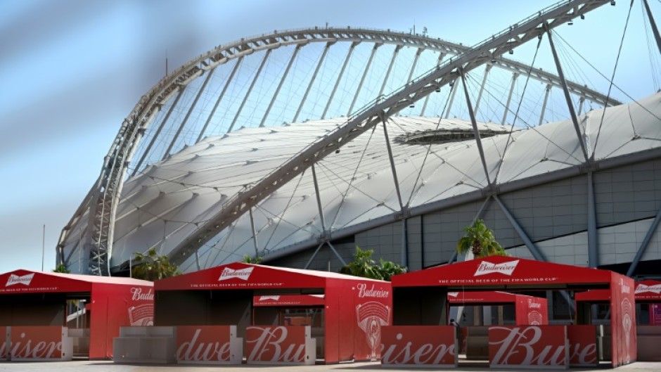 Budweiser beer stands outside the Khalifa International World Cup stadium in Doha