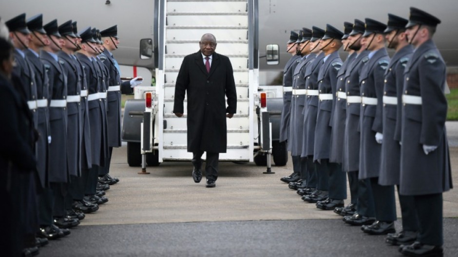 Ramaphosa was met by a military guard of honour at London Stansted Airport