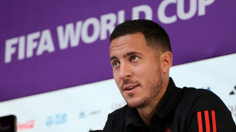 Belgium forward Eden Hazard speaks at a World Cup press conference in Doha