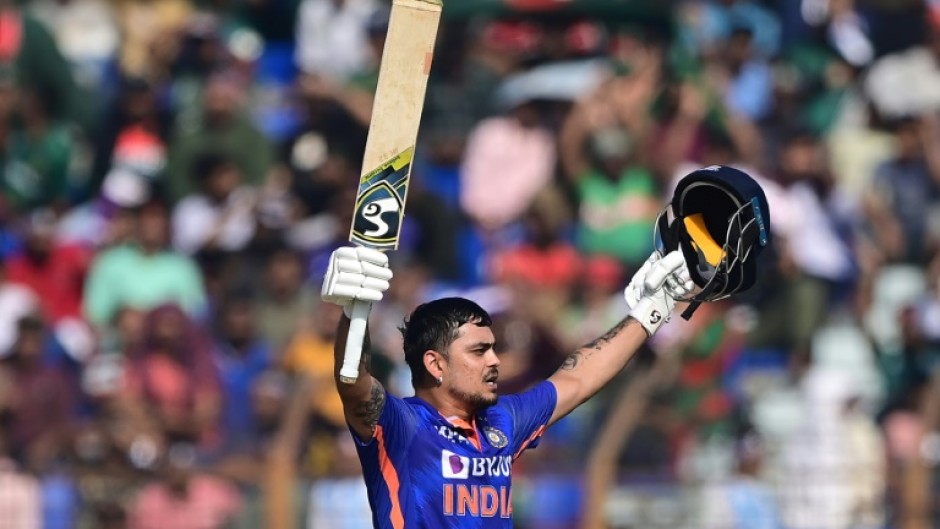 Kishan celebrates after scoring a century in the third and final ODI against Bangladesh in Chittagong