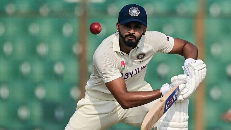 India's Shreyas Iyer plays a shot during the first day of the first  Test