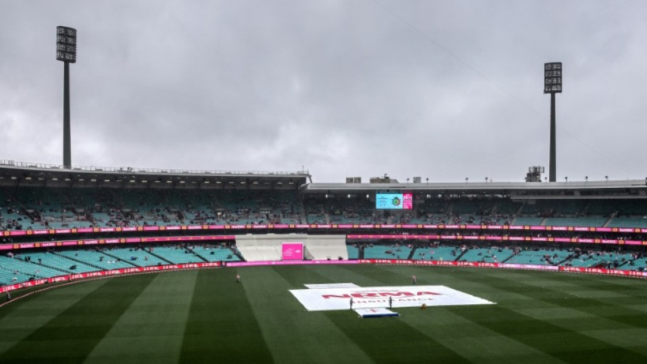 Ground staff stand near covers placed over the pitch during a rain delay on day three of the third cricket Test match between Australia and South Africa at the Sydney Cricket Ground