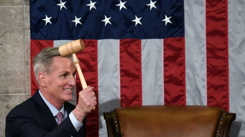 Speaker of the US House of Representatives Kevin McCarthy holds the gavel after he was elected on the 15th ballot