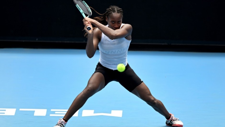 Coco Gauff of the US hits a return during a practice session ahead of the Australian Open tennis tournament in Melbourne