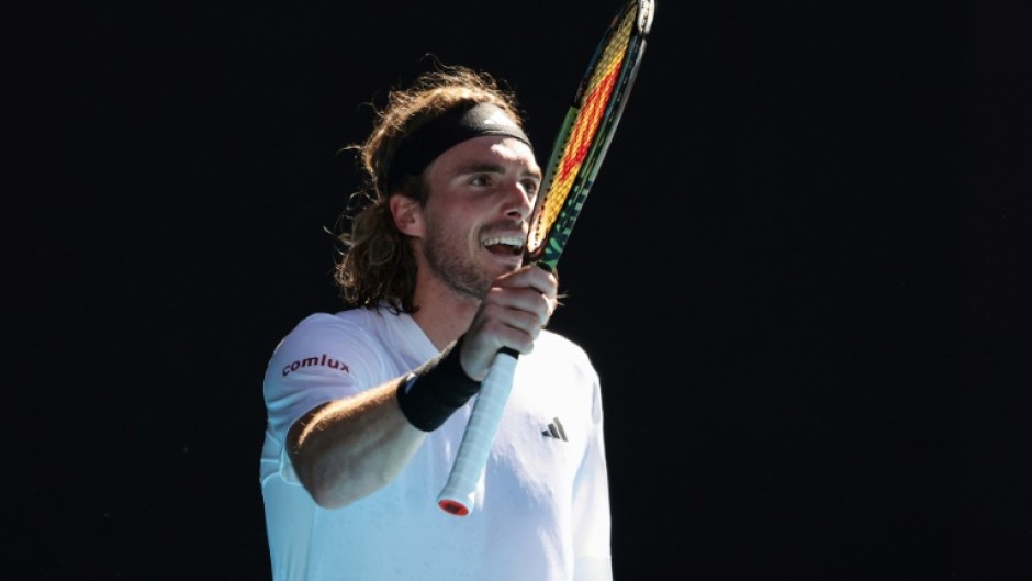 Stefanos Tsitsipas reacts after a point against Karen Khachanov at the Australian Open