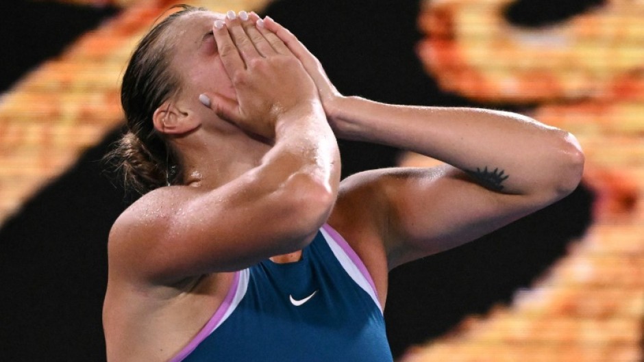 Aryna Sabalenka celebrates her victory against Elena Rybakina