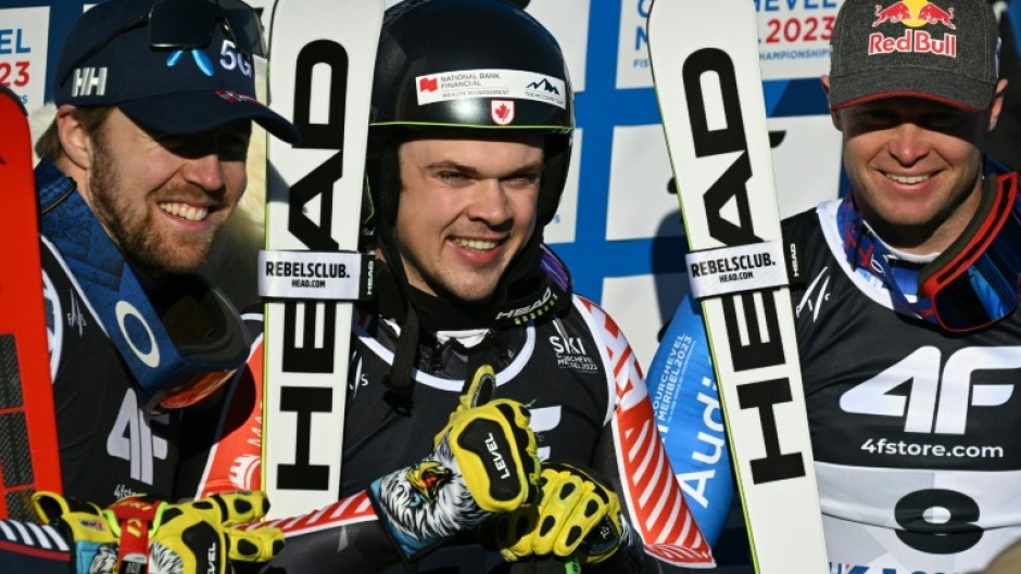 Norway's Aleksander Aamodt Kilde (L), Canada's James Crawford and France's Alexis Pinturault