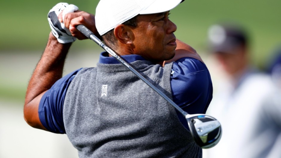 Tiger Woods practices on the range prior to The Genesis Invitational at Riviera Country Club in California