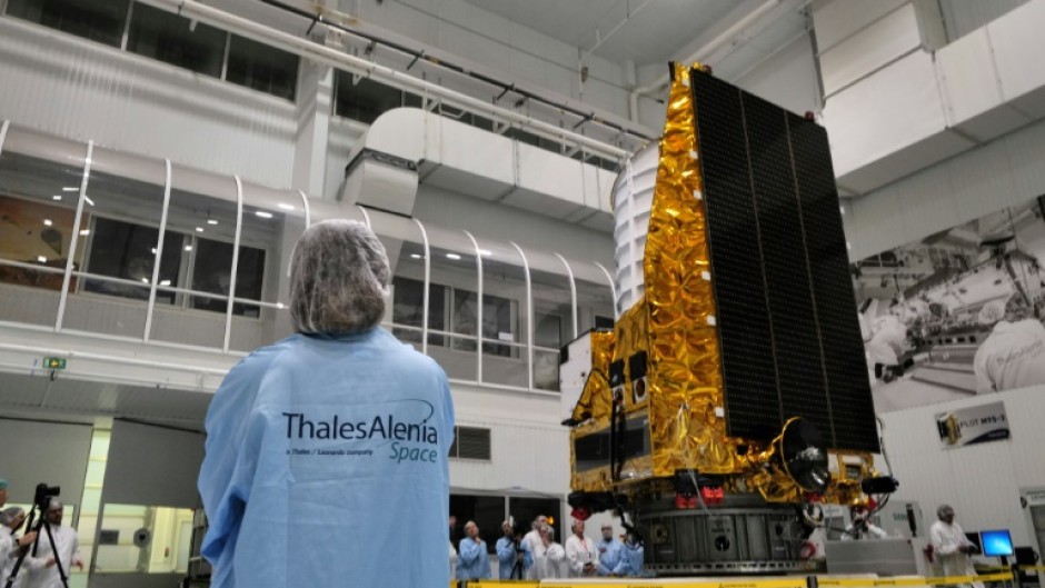 The spacecraft is unveiled to media in a clean room of the Thales Alenia Space company in the French city of Cannes