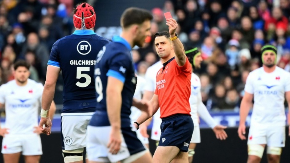 Scotland lock Grant Gilchrist is shown a red card in the Six Nations match against France