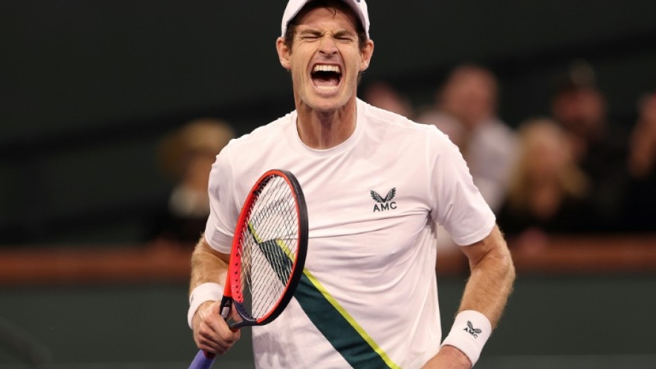 Britain's Andy Murray celebrates his first round victory over Tomas Etcheverry of Argentina at the Indian Wells WTA and ATP Masters