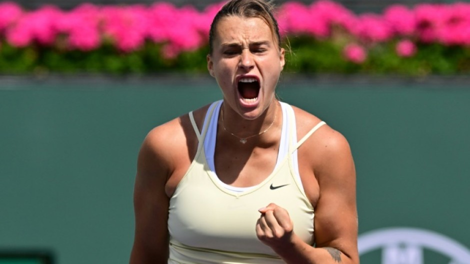 Overpowering: Aryna Sabalenka of Belarus celebrates a point in her quarter-final victory over American Coco Gauff at Indian Wells