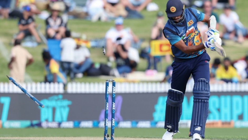 Sri Lanka’s Kasun Rajitha is bowled as his side struggles to 157 all out in the third one-day international against New Zealand in Hamilton