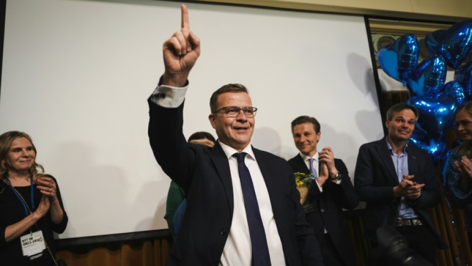 Petteri Orpo, chairperson of Finland's National Coalition Party, speaks to supporters following parliamentary elections on Sunday, April 2, 2023