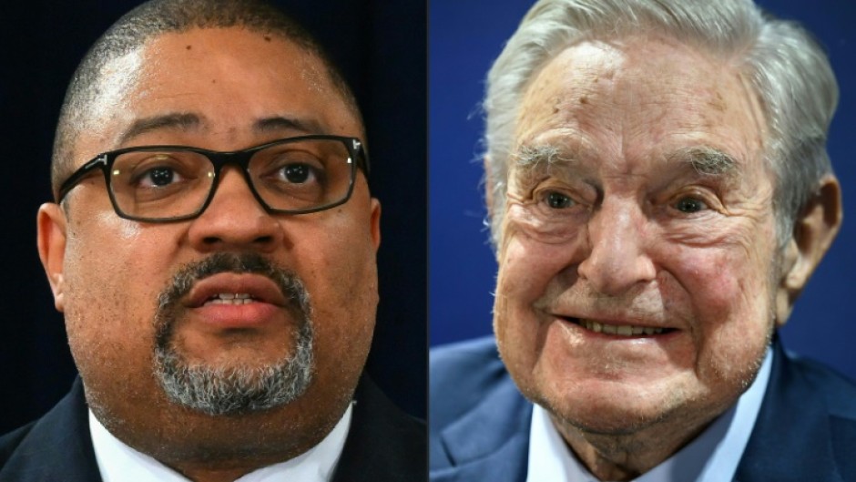 Billionaire George Soros (R) has been accused by Donald Trump and his supporters of funding and influencing Manhattan District Attorney Alvin Bragg (L)