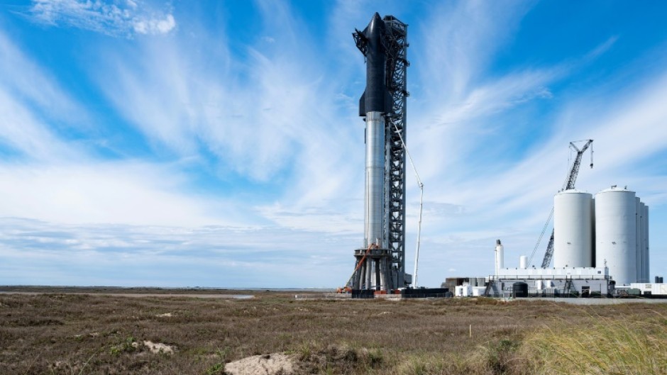 A prototype of Starship, a huge rocket made by SpaceX, sits on a launchpad in Boca Chica, Texas in February 2022