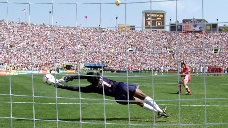 US goalkeeper Briana Scurry saves a penalty during the 1999 women's World Cup final at the Pasadena Rose Bowl. The US is hoping to stage the 2027 tournament jointly with Mexico