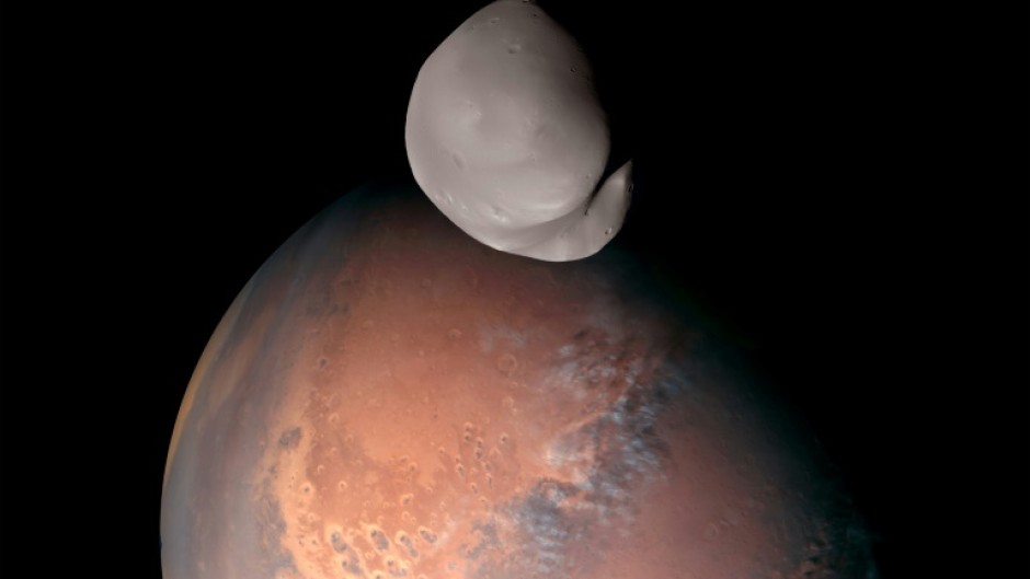 The lumpy Martian moon Deimos, which has been revealed in unprecedented detail by the United Arab Emirates' Hope probe 