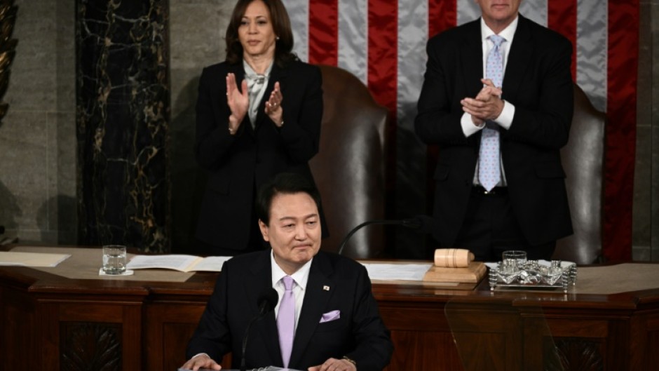 South Korean President Yoon Suk Yeol addresses a Joint Meeting of Congress in the House Chamber of the US Capitol in Washington, DC, on April 27, 2023