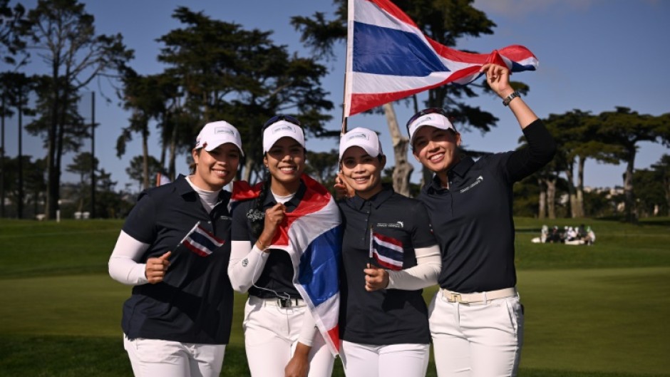 Thailand golfers, from left, Ariya Jutanugarn, Patty Tavatanakit, Moriya Jutanugarn and Atthaya Thitikul celebrate their victory over Australia in the final to capture the LPGA International Crown at Harding Park