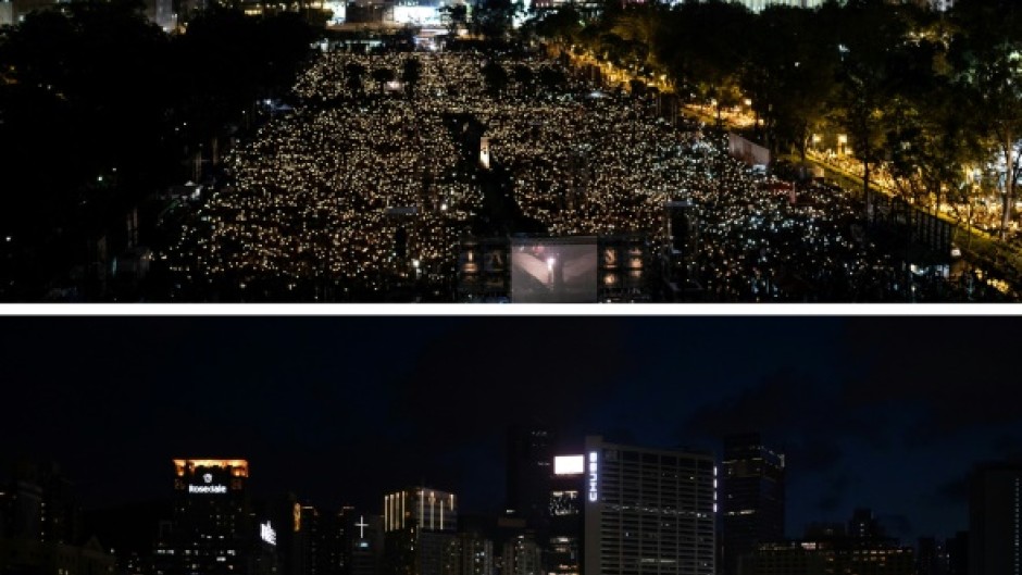 In this combo photo (top) people attend a candlelight vigil at Victoria Park in Hong Kong on June 4, 2019, and (bottom) a fair being held in Victoria Park on June 4, 2023