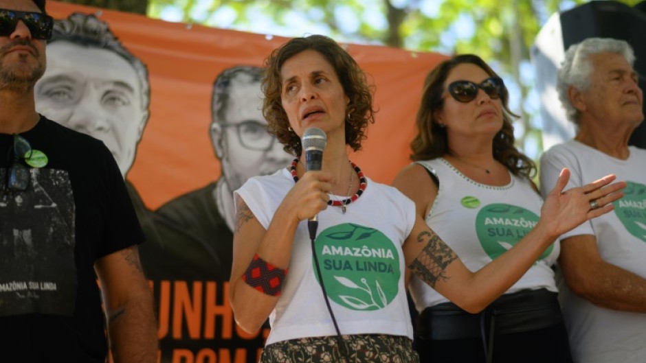 Alessandra Sampaio, widow of British journalist Dom Phillips, speaks during a commemoration in Rio de Janeiro marking one year since he and Brazilian Indigenous expert Bruno Pereira were murdered