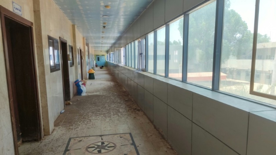 An empty hallway at Soba University Hospital in southern Khartoum where only the dialysis department remains open