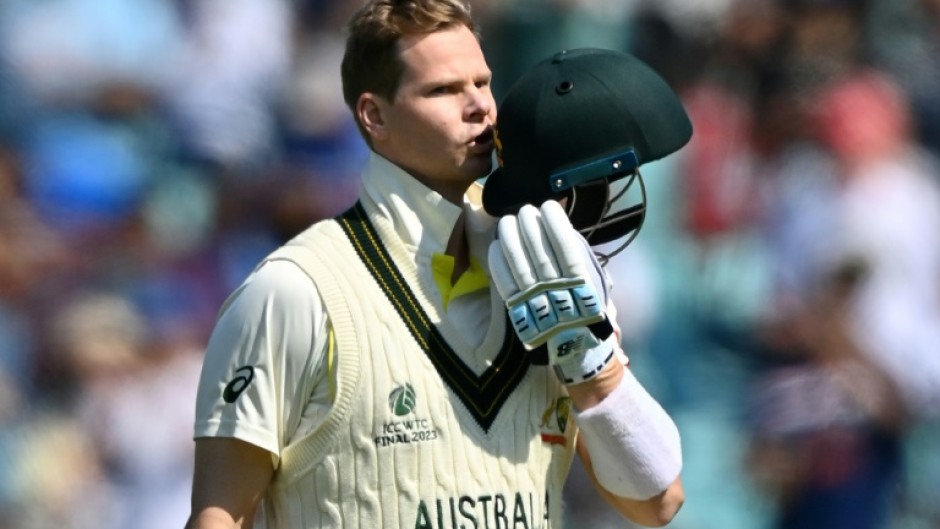 Australia's Steve Smith celebrates reaching his century against India in the World Test Championship final at the Oval