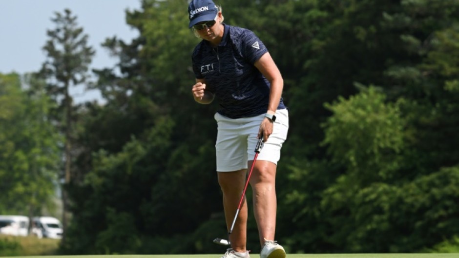 Ashleigh Buhai of South Africa reacts to a birdie putt on the 13th hole as she fired a six-under par 65 in the final round to win the ShopRite LPGA Classic