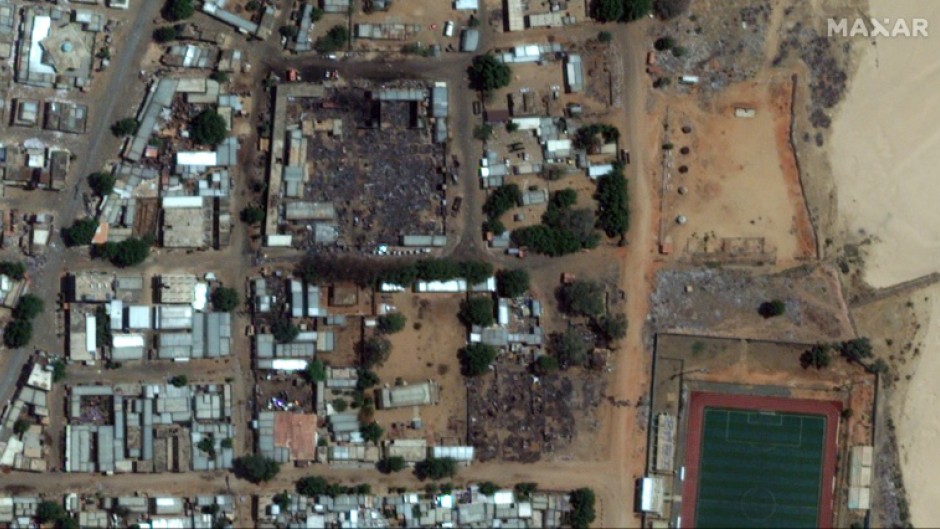 A satellite photo shows the burned-out market area of El Geneina in Sudan's West Darfur state