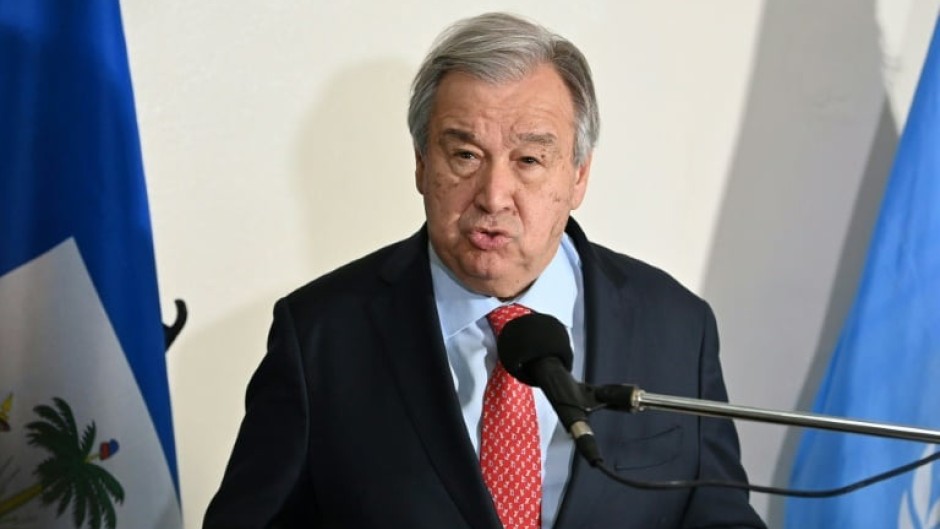 UN Secretary-General Antonio Guterres speaks to the media during his quick visit to Port-au-Prince on July 1, 2023