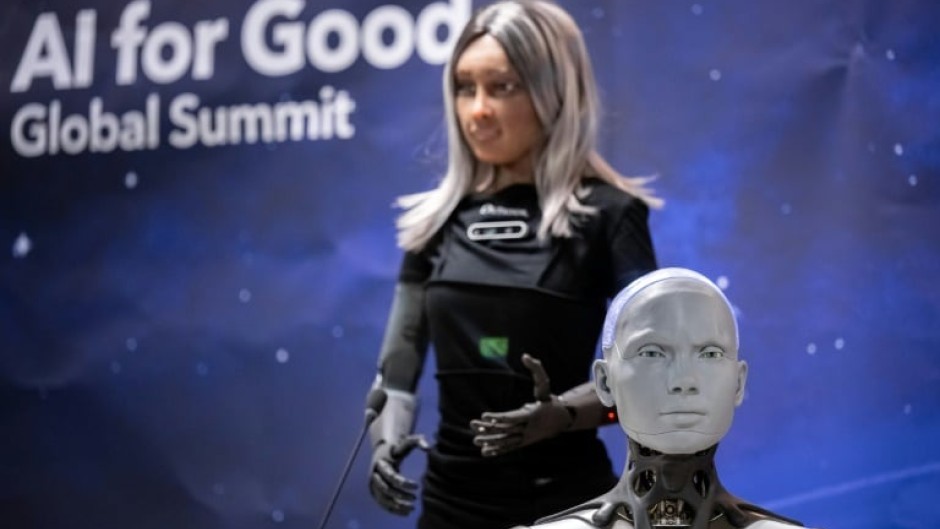 AI-enabled humanoid social robots Mika and Ameca fielded questions at the AI for Good Global Summit press conference