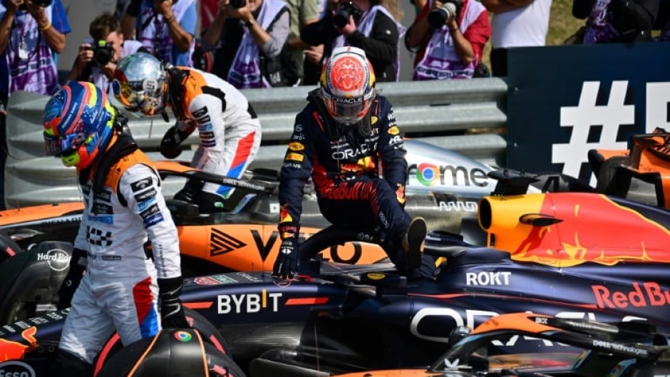 Max Verstappen (right) edges out McLaren duo Lando Norris and Oscar Piastri for pole at Silverstone 