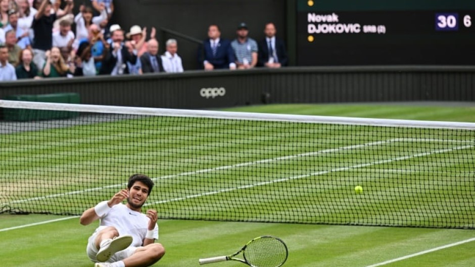 Spain's Carlos Alcaraz celebrates winning Wimbledon 