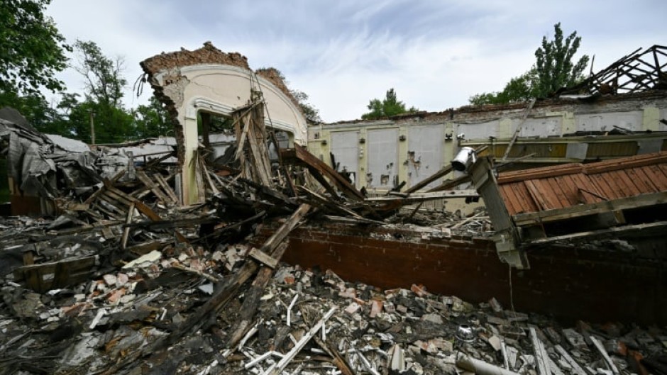 A destroyed cultural centre in the Donetsk region in eastern Ukraine