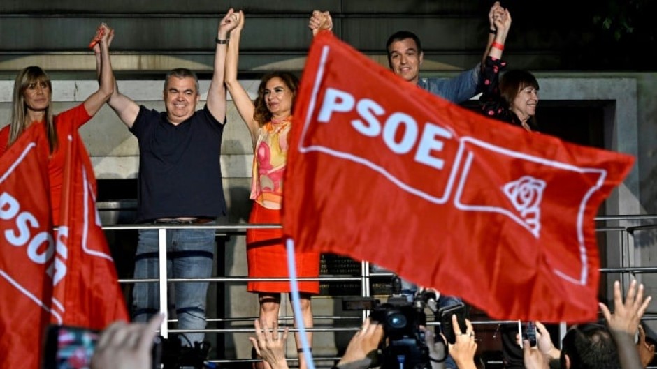 Spanish Prime Minister Pedro Sanchez and members of his Socialist party celebrate their election results