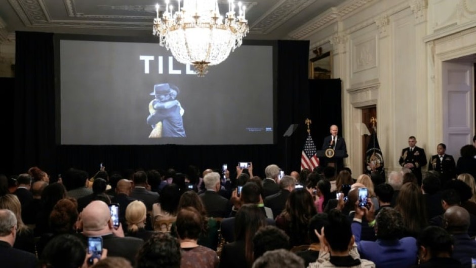 US President Joe Biden speaks before a screening of the movie "Till" in the East Room of the White House on February 16, 2023