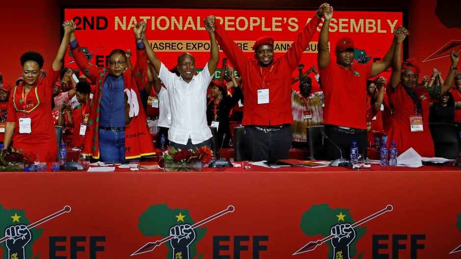 Economic Freedom Fighters (EFF) leader Julius Malema (in white) with the party's leadership.